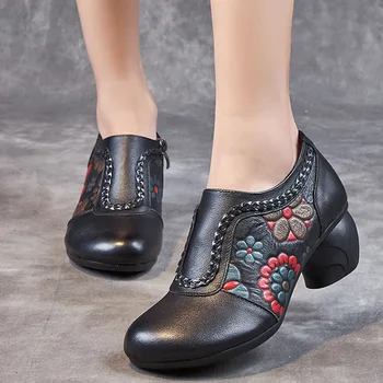Обувь для мамы, женская обувь в этническом стиле, весенние нескользящие красные туфли из мягкой кожи на каблуке