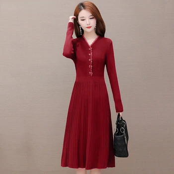 Осенне-зимнее Теплое Однотонное Корейское трикотажное платье, Женские Повседневные платья-свитера трапециевидной формы с длинным рукавом, Vestidos Elegant Para Mujer 2023