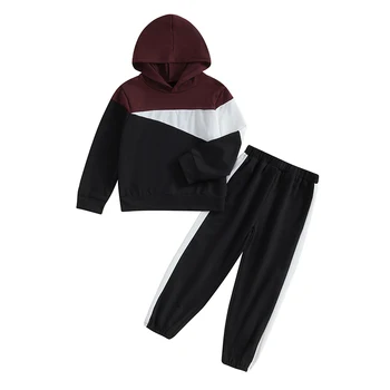 Осенняя одежда для мальчиков контрастного цвета, толстовки с длинными рукавами, толстовка, брюки с эластичной талией, комплект из 2 предметов