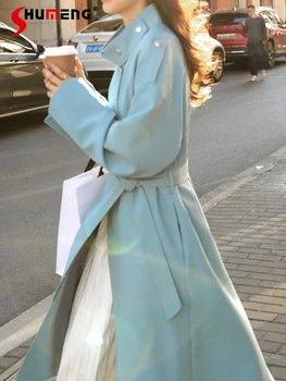 Пальто для похудения с темпераментом Богини весны 2024 года, популярный изящный модный тренч, женские синие тренчи средней длины