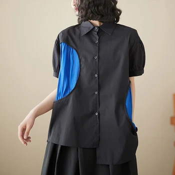 Поступление 2023 года, лоскутная однобортная нерегулярная шикарная черная летняя блузка для девочек, топы-рубашки, Модная женская повседневная блузка