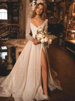 Простые свадебные платья А-силуэта с V-образным вырезом, свадебные платья из многоуровневой вуали, сексуальные платья с высокой спинкой и длинными рукавами Vestidos De Novia