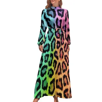 Радужное платье с леопардовым принтом, художественное оформление из кожи животных, пляжные платья, женское сексуальное длинное платье Макси с длинным рукавом и высокой талией.