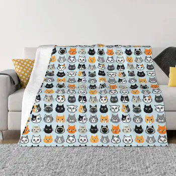 Разнообразные кошачьи мордочки, милые причудливые рисунки кошечек и Ультрамягкое одеяло из микрофлиса
