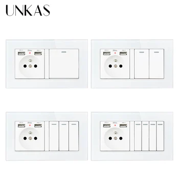 Разъем с двумя USB-портами французского стандарта UNKAS + 1 2 3 4 Двухпозиционный выключатель света с включением / выключением на панели из закаленного хрусталя