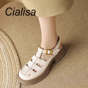 Римские сандалии Cialisa из натуральной кожи на платформе, женская летняя обувь, повседневные сандалии ручной работы с пряжкой и ремешком толщиной 5 см на среднем каблуке, коричневые