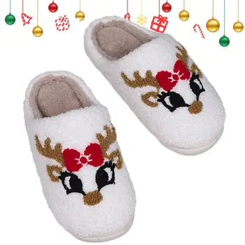 Рождественские тапочки с изображением лося, мягкие плюшевые удобные теплые пушистые тапочки для женщин, мужская домашняя уличная обувь, согревающая пары, слайды