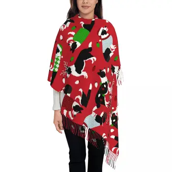 Рождественский шарф Бордер-колли для женщин, теплая зимняя шаль из пашмины, длинный большой шарф-шаль для женщин