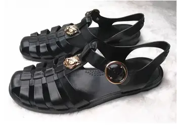 Рыбацкие сандалии с резиновой пряжкой, Желеобразные сандалии с черными кристаллами, женские летние сандалии с Т-образным ремешком в стиле ретро, Желеобразные дождевые сандалии на плоской подошве