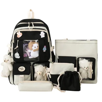Рюкзак из 5 предметов, школьные сумки для девочек-подростков 2023, холщовые Модные дорожные женские сумки для книг, школьная сумка для подростков