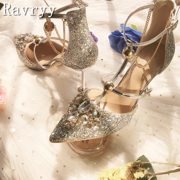 Свадебные туфли с серебряными украшениями, Хрустальные металлические цепочки, босоножки на тонком высоком каблуке с острым носком, роскошные вечерние свадебные женские туфли на шпильке