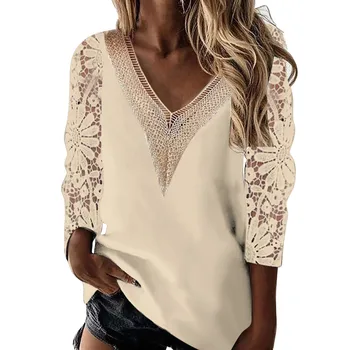 Сексуальная жаккардовая кружевная блузка с цветочной вышивкой, женская элегантная офисная рубашка в стиле пэчворк с V-образным вырезом, Весенний пуловер с полым рукавом