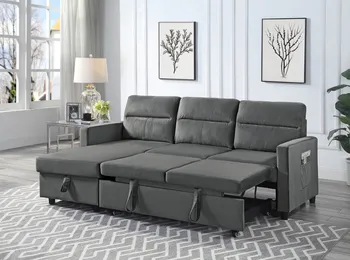 Секционный диван с реверсивным спальным местом из темно-серого бархата Ivy с шезлонгом для хранения и боковым карманом