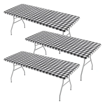 Скатерть для стола из 3 предметов, эластичное водонепроницаемое виниловое покрытие для стола для пикника с подкладкой на фланелевой основе (черная)