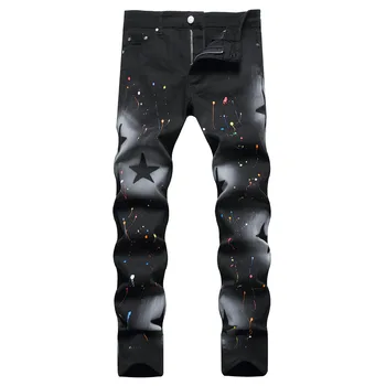 Стильные мужские джинсы с рисунком Black Star, ручная роспись, облегающая эластичная мужская уличная одежда