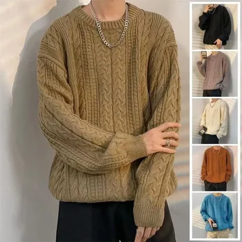 Трикотаж, шерстяной вязаный свитер, мужской пуловер оверсайз с круглым вырезом и длинным рукавом, однотонные повседневные модные мужские топы