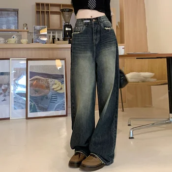 Уличная одежда Harajuku Ретро Мода 2023 Весна Женские Джинсы с высокой талией Свободные Широкие Прямые Свободные джинсовые брюки Y2K Брюки