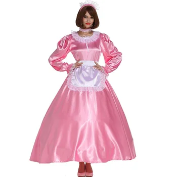 Французский сексуальный взрослый фетишистский кросс-дрессинг Сисси Розовый С длинными рукавами, Атласный Кружевной Лоскутный Белый фартук, Длинное платье