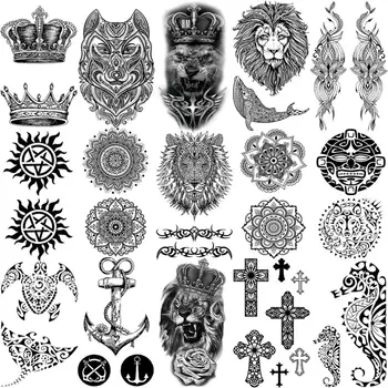 Черная хна лев мандала Временные Татуировки Для Женщин Взрослых мужчин Корона шипы крест якорь поддельная татуировка Шеи Руки Маленькие татуировки