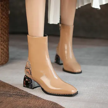 Черные Модные ботильоны на не сужающемся книзу массивном каблуке, весенне-осенние женские ботинки, короткие ботинки из искусственной кожи на молнии, Женская обувь Большого размера 41, 42, 43