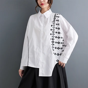 Японский Корейский стиль 3D Печать неправильной формы Черный Белый Винтаж Осенняя верхняя одежда Блузки Рубашки Модные Женские Весенние Повседневные блузки